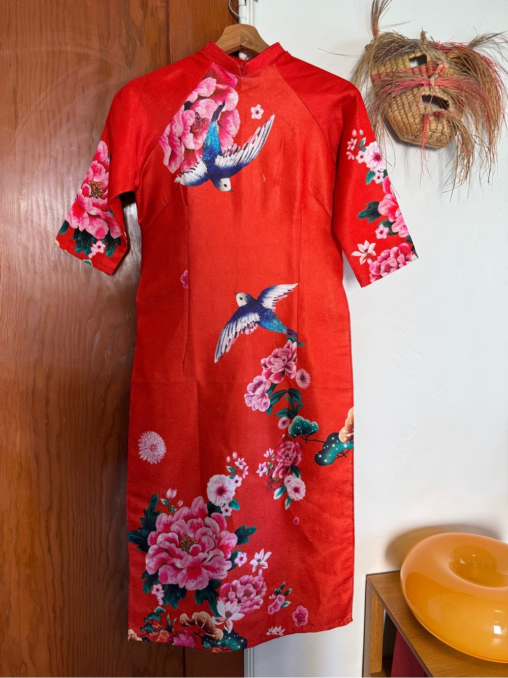 Red Floral & Bird Print Cheongsam Dress